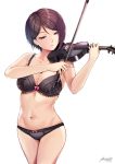  1girl asymmetrical_hair bang_dream! bangs bare_shoulders black_bra black_hair black_panties bow_(instrument) bra breasts cleavage collarbone commentary cowboy_shot dated english_commentary eyebrows_visible_through_hair floral_print groin hair_between_eyes half-closed_eyes highres hiroki_ree holding holding_instrument instrument jewelry large_breasts midriff music navel panties pink_eyes playing_instrument ring short_hair signature simple_background single_sidelock smile solo standing underwear underwear_only violin violin_bow white_background yashio_rui 