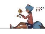  &lt;3 2020 4:3 animal_crossing anime anthro black_body black_fur blue_body blue_eyes blue_fur blue_hair blush brand_new_animal canid canine canis clothed clothing color_swatch duo female fingers fluffy fluffy_tail fur hair hi_res holding_character jacket kechi_de_songshu larger_female male mammal michiru_kagemori multicolored_body multicolored_fur multicolored_hair nintendo open_mouth raccoon_dog simple_background sitting size_difference smaller_male studio_trigger tanuki tom_nook_(animal_crossing) topwear video_games white_background 