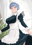  1girl alternate_costume apron bangs black_dress blue_hair braid breasts brown_eyes closed_mouth crown_braid curtains curtsey dress enmaided fire_emblem fire_emblem:_three_houses highres indoors j@ck large_breasts long_sleeves looking_at_viewer maid maid_apron maid_dress marianne_von_edmund puffy_long_sleeves puffy_sleeves solo underbust white_apron window 