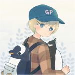  1girl ayu_(mog) backpack bag baseball_cap bird blonde_hair blue_headwear bright_pupils closed_mouth from_side gentoo_penguin grey_eyes hat long_sleeves looking_at_viewer looking_to_the_side original penguin short_hair signature solo striped striped_sweater sweater upper_body 