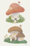  ayu_(mog) bunny grass grey_background house ladder looking_at_viewer mushroom no_humans original signature simple_background standing 