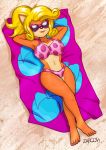  2020 activision anthro bandicoot beach bedding big_breasts bikini black_nose blanket blonde_hair blue_spots breasts clothed clothing coco_bandicoot crash_bandicoot_(series) crossed_legs curled_hair digital_media_(artwork) english_text eyewear female fur hair lipstick long_hair lying makeup mammal marsupial navel on_back orange_body orange_fur outside pink_bikini polka_dot_bikini polka_dots ponytail purple_spots sand seaside smile solo spots sunbathing sunglasses swimwear text video_games zaboom 