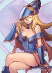  1girl aqua_eyes bare_shoulders blonde_hair blush breasts cleavage dark_magician_girl duel_monster ernest_tuvera feet_out_of_frame hair_between_eyes hand_up hat large_breasts long_hair looking_at_viewer off_shoulder one_eye_closed pentacle signature sitting solo tongue tongue_out wizard_hat yuu-gi-ou 