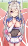  1girl absurdres arm_behind_back artist_name azur_lane bangs black_leotard blue_bow bow breasts casablanca_(cheer_squad_on_break)_(azur_lane) cleavage covered_navel cowboy_shot day eyebrows_visible_through_hair finger_to_mouth gei_daipf hair_bow high_ponytail highleg highleg_leotard highres leotard leotard_under_clothes long_hair long_sleeves medium_breasts miniskirt outdoors parted_lips pleated_skirt pom_poms purple_eyes shrug_(clothing) silver_hair skindentation skirt smile solo star straight_hair thigh_gap very_long_hair white_skirt 