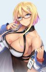 1girl azur_lane bare_shoulders bespectacled blonde_hair breast_tattoo breasts cleavage coat commentary_request glasses gradient_hair gyaru highres id_card large_breasts manicure marblehead_(azur_lane) multicolored_hair nail_polish nakano_sora open_clothes open_coat pink_nails short_hair simple_background smile solo tattoo turtleneck 
