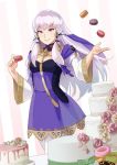  1girl cake closed_mouth doughnut dress fire_emblem fire_emblem:_three_houses food hair_ornament highres holding holding_food long_hair long_sleeves lysithea_von_ordelia macaron pink_eyes smile solo white_hair yayster 