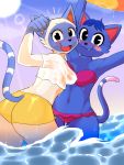  3:4 absurd_res animal_crossing anthro bikini blue_body blue_fur blue_hair blush blush_stickers bottomwear butt clothed clothing cute_fangs domestic_cat duo felid feline felis female fur hair hi_res holding_object lens_flare looking_at_viewer looking_back mammal midriff mitzi_(animal_crossing) multicolored_body multicolored_fur nintendo nipple_outline open_mouth partially_submerged pool_toy rosie_(animal_crossing) sea shirt shorts smile striped_tail stripes sun swimwear topwear two_tone_body two_tone_fur video_games water wet wet_clothing wet_shirt wet_topwear white_body white_fur wolfsam 