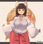  2019 anthro asian_clothing bottomwear canid canine chest_tuft clothed clothing east_asian_clothing female fox front_view hair haori hi_res humanoid_face inner_ear_fluff japanese_clothing looking_at_viewer mammal mofumofumachine open_mouth red_bottomwear red_clothing solo topwear tuft white_clothing white_topwear 