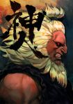  1boy angry bared_teeth beard big_hair blonde_hair dougi facial_hair gouki hankuri heaven_(kanji) long_hair male_focus manly muscle no_eyebrows nose profile red_eyes red_sclera simple_background sleeveless solo street_fighter street_fighter_v topknot 