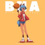  1:1 2020 absurd_res anime anthro ball basketball_(ball) blue_body blue_eyes blue_hair bottomwear brand_new_animal breasts brown_body brown_fur canid canine clothed clothing female fingers fluffy fluffy_tail footwear fur hair hand_on_hip hi_res jacket looking_at_viewer lyneriee mammal michiru_kagemori multicolored_eyes open_jacket pink_eyes raccoon_dog shoes short_hair smile solo standing studio_trigger tanuki topwear 