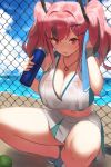  1girl azur_lane ball bangs bare_shoulders beach blue_sky bottle breasts bremerton_(azur_lane) bremerton_(scorching-hot_training)_(azur_lane) cleavage cloud commentary_request crop_top crop_top_overhang green_footwear hair_between_eyes hair_ornament headgear heart heart_necklace highres holding holding_bottle large_breasts midriff mole mole_under_eye multicolored_hair navel ocean open_mouth pleated_skirt red_eyes red_hair seon_(seonon_) shirt shore skirt sky sleeveless sleeveless_shirt sportswear spread_legs squatting streaked_hair sweat tennis_ball tennis_uniform thighs towel two-tone_shirt two-tone_skirt two_side_up water_bottle wiping_sweat wristband x_hair_ornament 