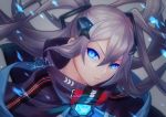  1girl absurdres azur_lane bangs blue_cape blue_eyes cape closed_mouth commentary_request crossed_bangs eyebrows_visible_through_hair floating_hair glowing grey_background grey_hair hair_between_eyes hair_ornament head_tilt highres intrepid_(azur_lane) kurono_hyouka long_hair looking_at_viewer portrait sidelocks signature simple_background solo strap twintails twitter_username very_long_hair 