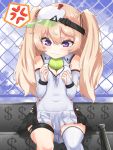  1girl anger_vein annoyed azur_lane bache_(azur_lane) bache_(showy_sports_star)_(azur_lane) ball blonde_hair breast_squeeze breasts bridal_gauntlets chain-link_fence cleavage cleavage_cutout cloud covered_navel dress elbow_gloves fence gloves hands_on_own_breasts hat highres long_hair outdoors purple_eyes racket short_dress single_thighhigh sitting sky small_breasts solo sportswear tennis_ball tennis_racket tennis_uniform thigh_strap thighhighs thighs twintails visor_cap white_dress white_gloves white_legwear 