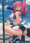  1girl against_fence ass azur_lane bare_shoulders beach black_panties blurry bottle bow breasts bremerton_(azur_lane) bremerton_(scorching-hot_training)_(azur_lane) chain-link_fence covered_nipples crop_top crop_top_overhang depth_of_field fence full_body grey_hair hair_between_eyes hair_bow hair_ornament hairclip heart heart_necklace highres large_breasts long_hair looking_back mhk_(mechamania) multicolored_hair open_mouth outdoors panties pink_eyes pink_hair shirt sidelocks skindentation skirt skirt_pull sleeveless sleeveless_shirt sportswear squatting streaked_hair tennis_uniform two-tone_shirt two-tone_skirt underboob underwear volleyball_net water_bottle x_hair_ornament 