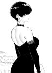  1girl backless_dress backless_outfit bare_shoulders breasts choker cocktail_dress dress earrings elbow_gloves eyeliner from_behind gloves high_contrast highres jewelry lace lace-trimmed_gloves lace_choker large_breasts looking_back makeup monochrome norman_maggot olive_laurentia original pixie_cut restaurant solo strapless strapless_dress white_background 