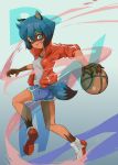  2020 5_fingers anime anthro ball basketball_(ball) black_body black_fur blue_body blue_eyes blue_fur blue_hair brand_new_animal breasts brown_body brown_fur canid canine clothed clothing female fingers fluffy fluffy_tail fur hair iwairenmei jacket mammal michiru_kagemori multicolored_body multicolored_fur multicolored_hair open_mouth open_smile raccoon_dog short_hair small_breasts smile solo studio_trigger tanuki topwear 