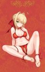  1girl ahoge ass bangs bare_shoulders beads blonde_hair blush bra braid breasts cleavage closed_mouth collarbone crotchless crotchless_panties dasoey fate/extra fate_(series) feet french_braid green_eyes hair_bun hair_intakes hair_ribbon high_heels highres knee_up large_breasts legs long_hair looking_at_viewer navel nero_claudius_(fate) nero_claudius_(fate)_(all) one_eye_closed panties partially_visible_vulva red_background red_bra red_panties red_ribbon ribbon sitting smile solo toes underwear 