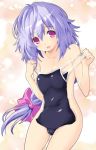  1girl bangs braid breasts clothes_removed collarbone eyebrows_visible_through_hair hair_ornament iwasi-r kami_jigen_game_neptune_v lavender_hair long_hair looking_at_viewer neptune_(series) nude one-piece_swimsuit open_mouth purple_eyes pururut small_breasts solo swimsuit swimsuit_removed 
