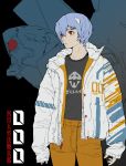  1girl absurdres alternate_costume angel ayanami_rei bangs black_background blue_hair brown_pants ching_yeh closed_mouth denim eva_00 grey_shirt hair_ornament hairclip highres jacket jeans long_sleeves looking_to_the_side mecha neon_genesis_evangelion number pants print_shirt red_eyes shirt short_hair simple_background solo standing translation_request upper_body white_jacket zeruel zipper 