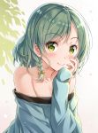  1girl aqua_hair bang_dream! bangs bare_shoulders blue_shirt blush bow collarbone commentary_request eyebrows_visible_through_hair gradient gradient_background green_eyes hair_between_eyes hair_bow hand_on_own_cheek hikawa_hina leaf leaf_background long_sleeves looking_at_viewer off-shoulder_shirt off_shoulder shirt short_hair side_braids sidelocks simple_background sleeves_past_wrists smile solo tomo_wakui upper_body white_background 
