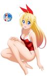  1girl absurdres bare_arms bare_legs bare_shoulders blonde_hair blue_eyes commentary derivative_work hair_ornament highres kirisaki_chitoge looking_at_viewer nisekoi red_ribbon red_swimsuit ribbon school_swimsuit shugo19 swimsuit 