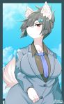  2020 5_fingers anthro black_nose blue_sky breasts canid canine clothed clothing day female fingers fur fur_tuft grey_hair hair hi_res inner_ear_fluff kemono mammal mofumofumachine monotone_body monotone_ears monotone_fur monotone_tail necktie outside sky solo tuft 