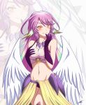  1girl angel_wings asymmetrical_gloves bangs bare_shoulders blush breast_grab breasts commentary commission cowboy_shot crop_top darkstar31 dated elbow_gloves eyebrows_behind_hair feathered_wings finger_to_mouth gloves grabbing grabbing_own_breast gradient_hair groin hair_between_eyes halo highres jibril_(no_game_no_life) large_breasts long_hair looking_at_viewer low_wings midriff mismatched_legwear multicolored multicolored_eyes multicolored_hair navel no_game_no_life o-ring o-ring_top panties pink_hair pink_shirt purple_gloves purple_panties shirt sidelocks signature sleeveless sleeveless_shirt smile standing underwear very_long_hair waistcoat white_wings wing_ears wings yellow_eyes zoom_layer 