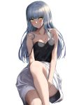  1girl alternate_costume bangs bare_arms bare_legs bare_shoulders blush breasts camisole cleavage closed_mouth collarbone facial_mark feet_out_of_frame girls_frontline greem_bang green_eyes highres hk416_(girls_frontline) knee_up long_hair looking_at_viewer medium_breasts sidelocks silver_hair simple_background skirt solo straight_hair strap_slip white_background white_skirt 