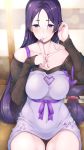 1girl 3yuki absurdres bangs bare_shoulders blush breasts collarbone come_hither fate/grand_order fate_(series) highres large_breasts long_hair looking_at_viewer minamoto_no_raikou_(fate/grand_order) parted_bangs purple_eyes purple_hair ribbed_sweater sitting smile solo sweater very_long_hair 