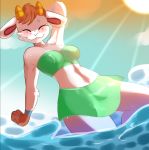  absurd_res animal_crossing anthro bikini blush bottomwear bovid brown_hair caprine chevre_(animal_crossing) clothing dutch_angle eyes_closed female freckles fur goat hair hand_behind_head hi_res horn mammal nintendo partially_submerged sea skirt smile solo swimwear video_games water white_body white_fur wolfsam 