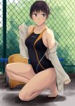  1girl bangs barefoot black_swimsuit blue_eyes blush breasts brown_hair competition_swimsuit day fence full_body hair_bun highres hiwatari_rin jacket long_sleeves medium_breasts one-piece_swimsuit one_knee original outdoors shadow smile solo swimsuit undressing white_jacket 