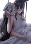  2girls :d absurdres animal_ear_fluff animal_ears arknights bangs black_hair blanket blush brown_eyes collarbone commentary_request grey_eyes hair_between_eyes hair_ornament hairclip hand_up highres hug hug_from_behind kcirta_p lappland_(arknights) long_hair multiple_girls nose_blush nude one_eye_closed open_mouth silver_hair smile texas_(arknights) under_covers wolf_ears yuri 