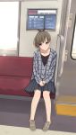  1girl blue_eyes brown_hair highres original plaid pleated_skirt ponytail sitting skirt solo train_interior yahiro_(epicopeiidae) 