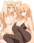  2girls bikini bismarck_(kantai_collection) blonde_hair blue_eyes breasts brown_bikini brown_legwear cleavage commentary_request cowboy_shot feet_out_of_frame hair_between_eyes kantai_collection large_breasts long_hair mole mole_under_eye multiple_girls richelieu_(kantai_collection) salve_(8947279) side-tie_bikini smile swimsuit thighhighs white_background white_bikini 