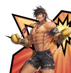  1boy boxing_gloves brown_hair dungeon_and_fighter fang hachimaki headband highres jewelry jin_(sirius-j) male_fighter_(dungeon_and_fighter) male_focus muscle navel necklace nipples scar shirtless short_shorts shorts smile solo striker_(dungeon_and_fighter) torn_clothes 