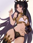  1girl armlet asymmetrical_legwear asymmetrical_sleeves bangs bare_shoulders black_bikini_bottom black_bow black_hair bow breasts bridal_gauntlets cleavage closed_mouth detached_collar detached_sleeves earrings fate/grand_order fate_(series) gem gold_trim gradient gradient_background hair_bow hand_on_hip hoop_earrings ishtar_(fate)_(all) ishtar_(fate/grand_order) jewelry long_hair looking_to_the_side medium_breasts navel neck_ring parted_bangs red_eyes single_detached_sleeve single_thighhigh solo thighhighs tiara two_side_up white_bikini_top wifc 