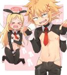  &gt;_&lt; 1boy 1other angel animal_ears blonde_hair breasts broken_halo bunny_boy bunny_ears bunny_pasties covering covering_crotch crimvael crying elf fake_animal_ears fangs fingerless_gloves floating gloves ishuzoku_reviewers komiya_harumoto long_hair meme_attire necktie nipples open_mouth pasties pointy_ears red_neckwear reverse_bunnysuit reverse_outfit zel_(ishuzoku_reviewers) 