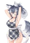  1girl absurdres alternate_hairstyle animal_ears apron black_hair blush breasts cleavage closed_eyes collarbone commentary commentary_request eyebrows_visible_through_hair grey_wolf_(kemono_friends) highres holding kemono_friends large_breasts long_hair multicolored_hair naked_apron ponytail sideboob simple_background solo tail two-tone_hair white_background white_hair wolf_ears wolf_girl wolf_tail yeo_arin 