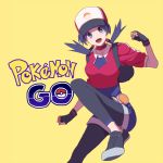  1girl :d baseball_cap black_gloves breasts clenched_hands copyright_name cosplay crystal_(pokemon) female_protagonist_(pokemon_go) female_protagonist_(pokemon_go)_(cosplay) fingerless_gloves gloves hat logo medium_breasts open_mouth pokemon pokemon_(game) pokemon_go pokemon_special shoes smile sneakers solo twintails yellow_background yui_ko 
