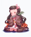  1girl black_hair blush cglange closed_mouth disembodied_limb eating food food_on_face forehead frown full_body hair_pulled_back hair_ribbon haori highres holding japanese_clothes kamado_nezuko kimetsu_no_yaiba kimono leg_warmers long_hair long_sleeves looking_at_viewer multicolored_hair obi pink_eyes pink_kimono pink_ribbon ribbon saliva sash signature simple_background sitting sleeves_past_wrists slit_pupils solo two-tone_hair very_long_hair wariza white_background wide_sleeves 