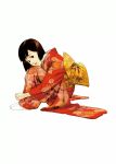  1girl black_hair brown_eyes fetal_position floral_print fujiwara_chiyoko highres japanese_clothes kimono kon_satoshi mole mole_under_eye obi official_art sash sennen_joyuu short_hair simple_background sitting solo tabi white_background 