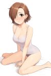  1girl absurdres arm_support bare_arms bare_legs barefoot bed_sheet blush breasts brown_eyes brown_hair cleavage collarbone ear_piercing eyebrows_visible_through_hair eyes_visible_through_hair hair_over_one_eye highres idolmaster idolmaster_cinderella_girls idolmaster_cinderella_girls_starlight_stage looking_at_viewer medium_breasts mizuki_seira onao panties piercing purple_panties short_hair simple_background sitting sleeveless solo tank_top underwear white_background 