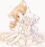  2girls :d absurdres animal_ears blonde_hair closed_eyes highres hitode mahou_shoujo_madoka_magica momoe_nagisa multiple_girls nightgown open_mouth smile tail tomoe_mami 