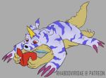  blue_body blue_fur book claws conditional_dnp digimon digimon_(species) fur gabumon hi_res horn male red_eyes solo stripes teeth wolftacos 