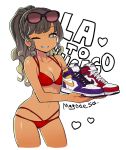  1girl ;) bangs bikini breasts brown_hair commentary_request cropped_legs eyewear_on_head holding holding_shoes looking_at_viewer mago nail_polish navel nike one_eye_closed ponytail purple_nails red_bikini shoes small_breasts smile sneakers solo sunglasses swimsuit tan 