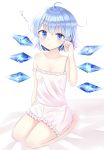  ahoge alternate_costume bare_arms bloomers blue_eyes blue_hair blush breasts camisole cirno collarbone eyebrows_visible_through_hair hair_between_eyes highres looking_at_viewer nibosisuzu no_headwear on_bed rubbing_eyes seiza simple_background sitting small_breasts strap_slip touhou triangle_mouth underwear waking_up white_background wings 