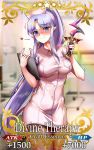  1girl alternate_costume blue_eyes blurry blurry_background blush breasts card_(medium) caster_lily clipboard commentary_request craft_essence dress eyebrows_visible_through_hair fate/grand_order fate_(series) foxy_rain hat heart highres holding holding_clipboard holding_knife hospital knife long_hair long_ponytail looking_at_viewer medium_breasts nail_polish nurse nurse_cap pantyhose parody pink_dress pointy_ears ponytail purple_hair purple_nails rulebreaker short_dress smile solo very_long_hair 
