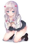  1girl aimee_(emi) bangs black_footwear black_legwear blue_eyes blush bow closed_mouth commentary_request eromanga_sensei eyebrows_visible_through_hair hair_bow hands_up izumi_sagiri kneehighs kneeling lifted_by_self loafers long_hair looking_at_viewer panties pink_bow pink_panties revision school_uniform serafuku shoes side-tie_panties silver_hair skirt skirt_lift solo thighs underwear 