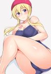  1girl ass ass_focus bangs blonde_hair blue_swimsuit blush breasts cleavage closed_mouth collarbone competition_school_swimsuit eyebrows_visible_through_hair grey_background hair_between_eyes hand_on_own_chest honda_naoki long_hair looking_at_viewer murenase!_shiiton_gakuen one-piece_swimsuit purple_eyes school_swimsuit shishio_miyubi simple_background solo swim_cap swimsuit twintails wet 
