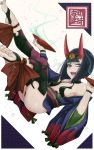  1girl ankle_ribbon b.d barefoot_sandals bob_cut cup eyeliner fate/grand_order fate_(series) graphite_(medium) highres horns japanese_clothes kimono makeup oni oni_horns open_clothes open_kimono purple_eyes purple_hair purple_kimono red_ribbon revealing_clothes ribbon sakazuki short_eyebrows short_hair shuten_douji_(fate/grand_order) skin-covered_horns solo traditional_media 